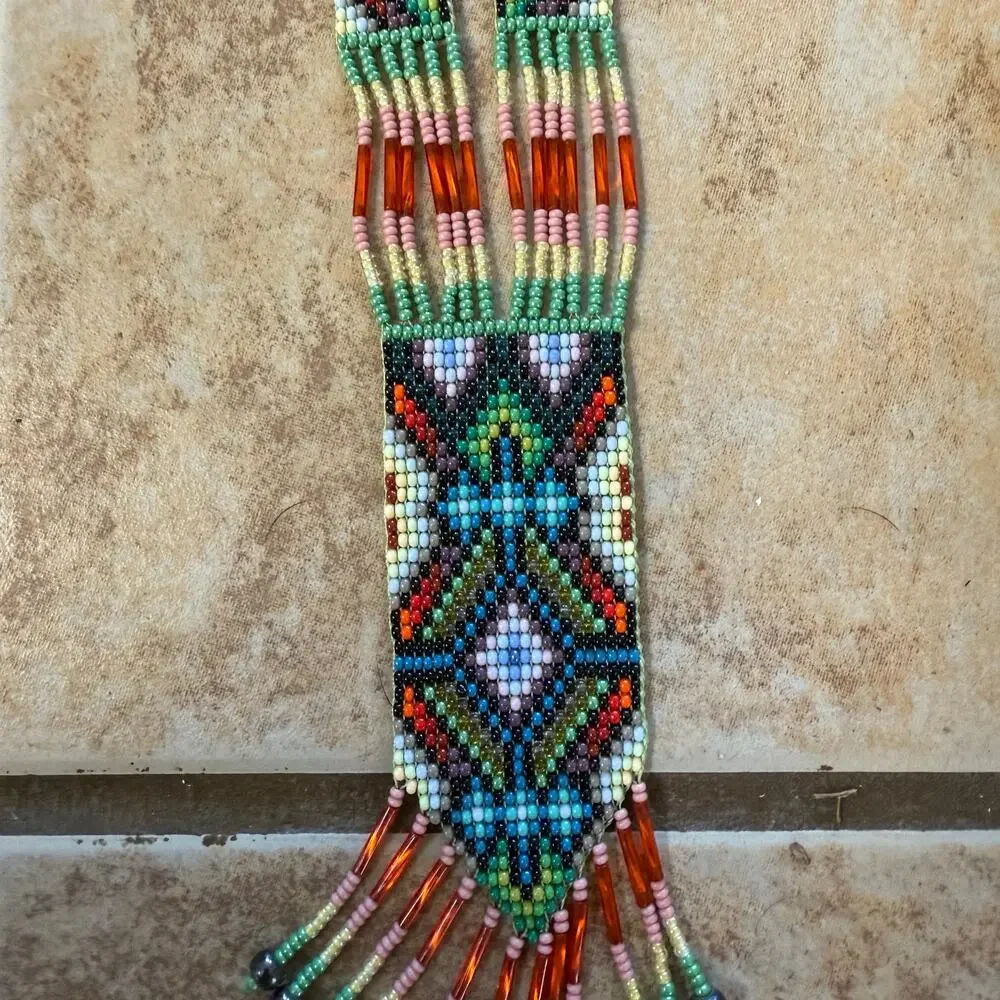 Native American‎ Seed Beaded Necklace Handmade Multicolor Fringe Boho Unisex